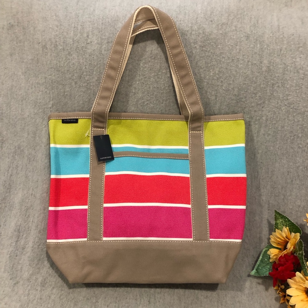NWT - Lands' End Multicolor Striped Canvas Tote with Tan Trim